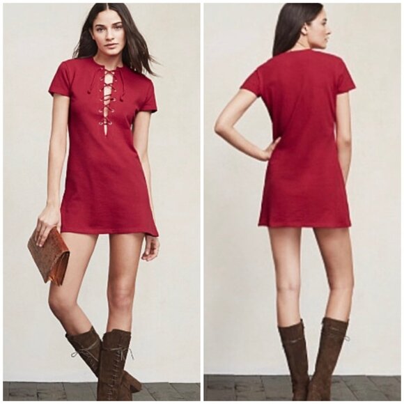 Reformation Caroline Lace-Up Neck Short-Sleeve Mini Dress in Red Size XS - Picture 1 of 13